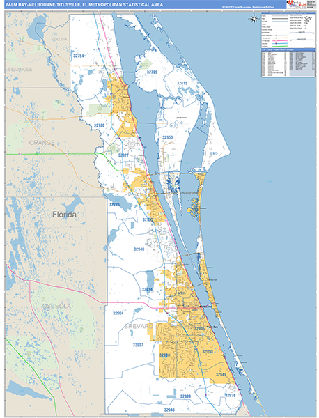 Palm Bay-Melbourne-Titusville Metro Area Wall Map Basic Style